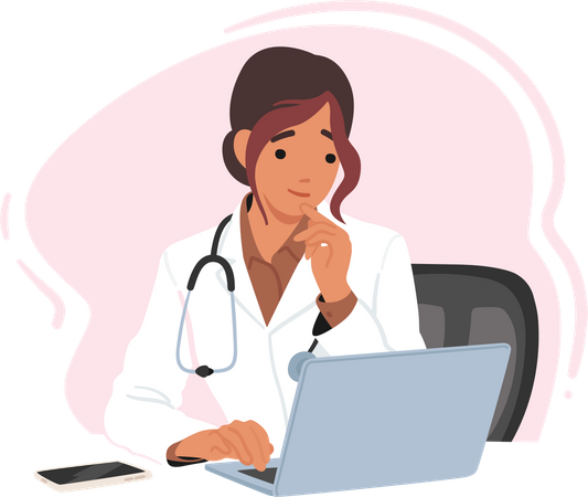 Médica sentada na mesa  Ilustração