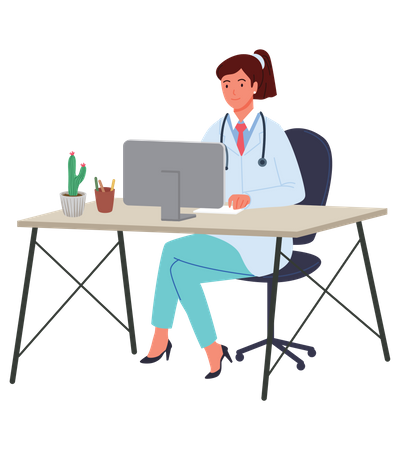 Médica trabalhando no computador  Ilustração