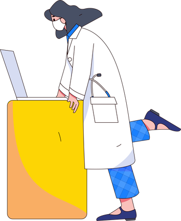 Médica usando laptop  Ilustração