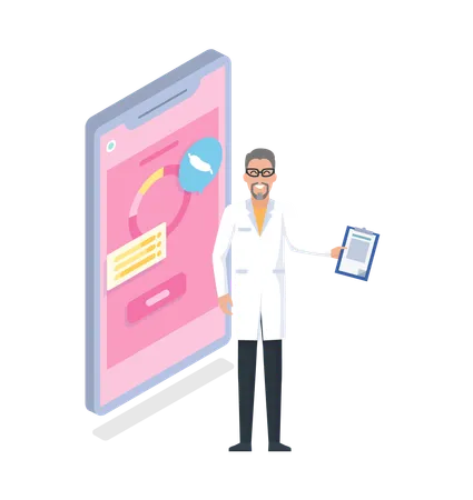 Consultation With Doctor Using Remote Communication Concept Medical Application On Phone Man Medic With Assignment Sheet Talking To Patient Mobile Phone Screen With App For Online Conversation Illustration