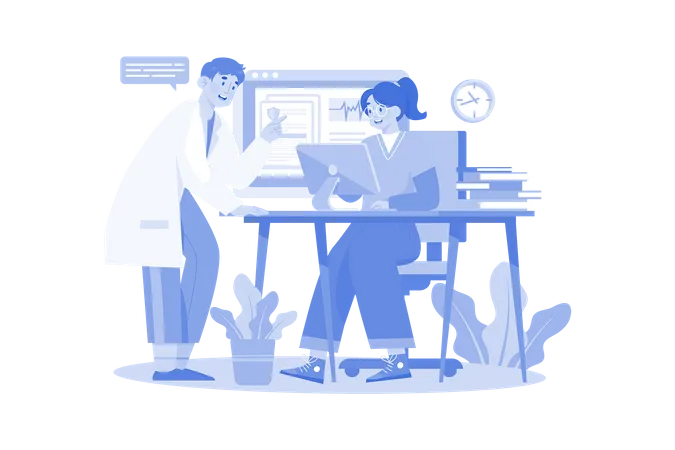 Medical Assistant Checking Medical Data In Computer  Illustration