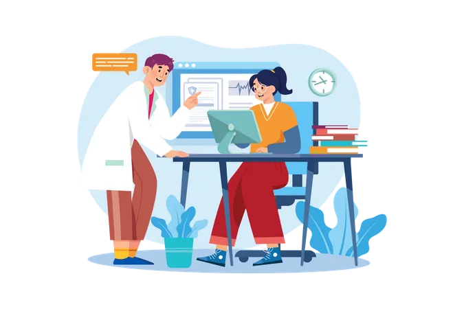 Medical assistant checking medical data in computer Illustration