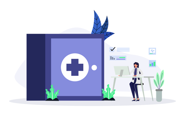 Medical Assistant Checking Medical Data on Computer  Illustration