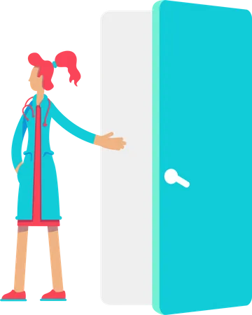 Young Medical Doctor Points To Open Doors Semi Flat Color Vector Character Standing Figure Full Body Person On White Simple Cartoon Style Illustration For Web Graphic Design And Animation Illustration