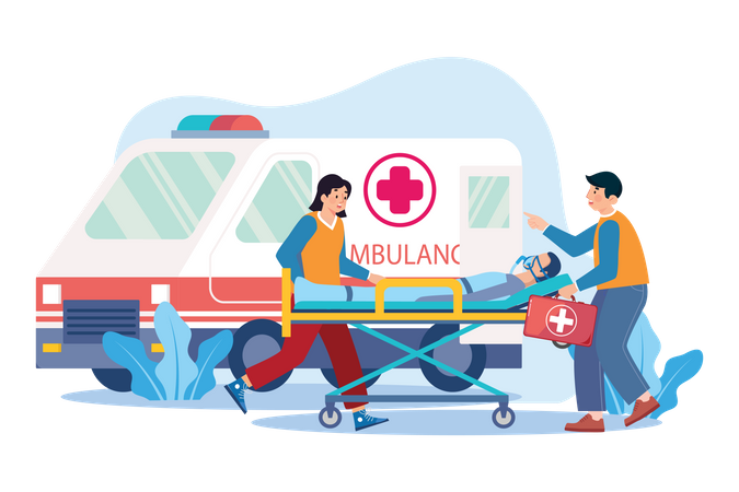 Medical assistant transferring the patient into an ambulance  Illustration