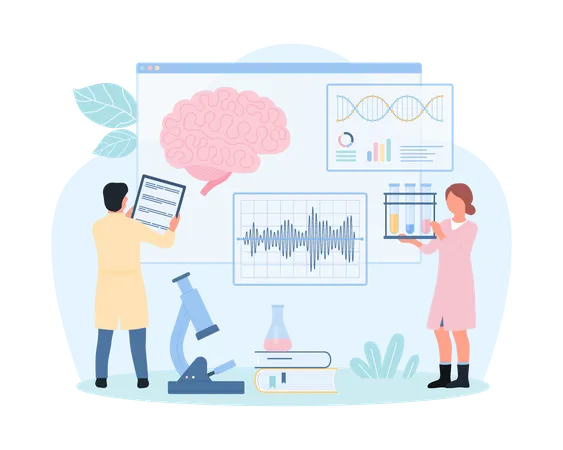 Medical Brain Study Neurology Vector Illustration Cartoon Tiny People Research Human Brain Anatomy On Diagram Neurologists Test Nerve And Nervous System During Medical Examination In Hospital 일러스트레이션