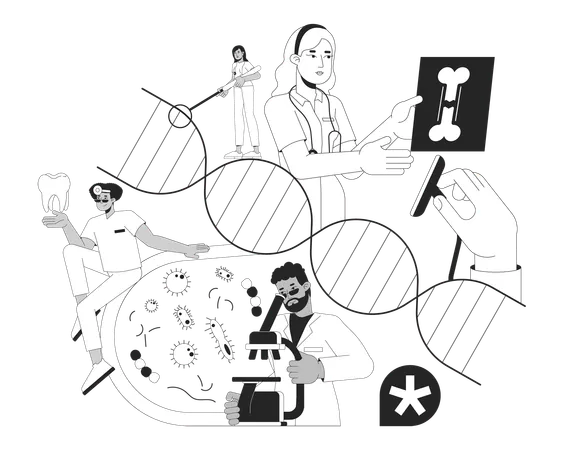 Medical Care Services Black And White 2 D Illustration Concept Multiethnic Doctors Conducting Examination Cartoon Outline Characters Isolated On White Healthcare Metaphor Monochrome Vector Art Illustration