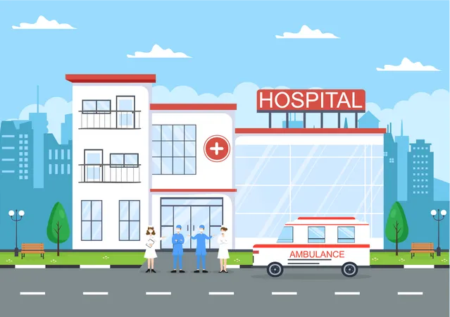 Medical center with emergency support staff Illustration