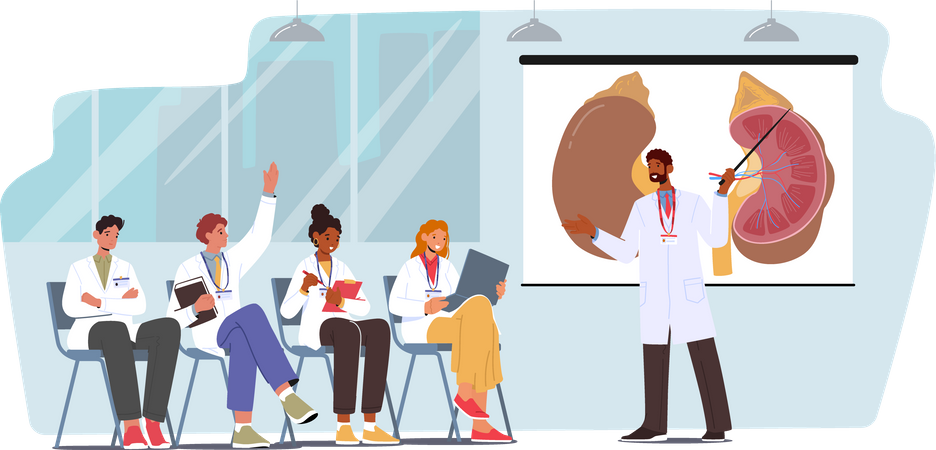 Medical College Students Listening Doctor Teacher Lecture In Classroom Illustration
