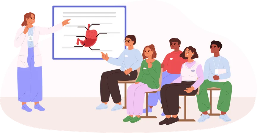 Medical college students listening to doctor lecture in classroom  Illustration