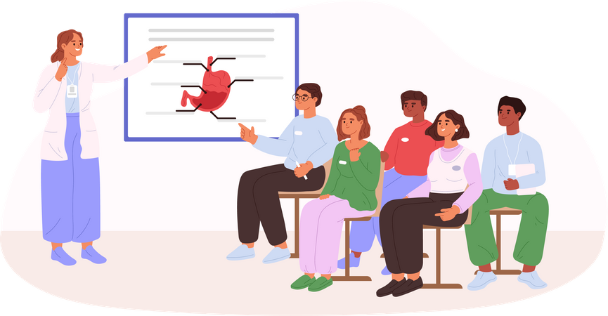 Medical college students listening to doctor lecture in classroom  Illustration