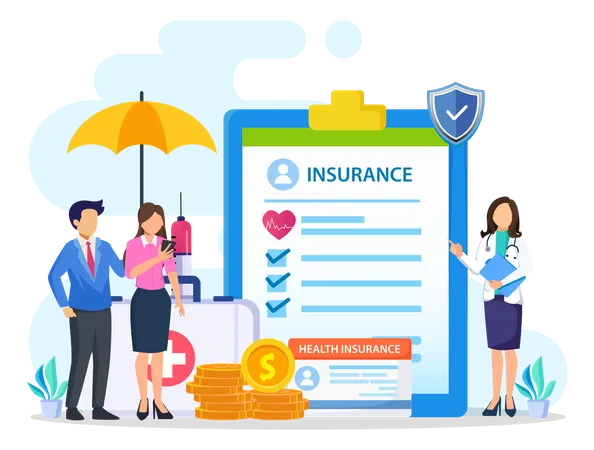 Health Insurance Concept Big Clipboard With Document On It Under The Umbrella Vector Illustration Illustration