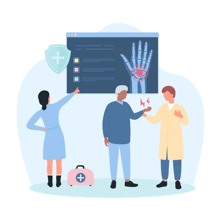 Help And Medical Diagnosis Of Orthopedic Problems In Elderly Vector Illustration Cartoon Tiny People Diagnose Hand Joint Disease By Xray Old Man Suffering From Wrist Pain And Arthritis Disease Illustration