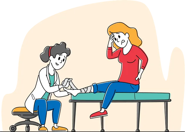 Medical Doctor Bandage Broken Leg to Female Patient Sitting on Couch at Clinic or Traumatolog  Illustration