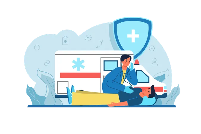 Medicine Blue Concept Ambulance With People Scene In The Flat Cartoon Style An Ambulance Arrived On Call To Help The Person Vector Illustration Illustration