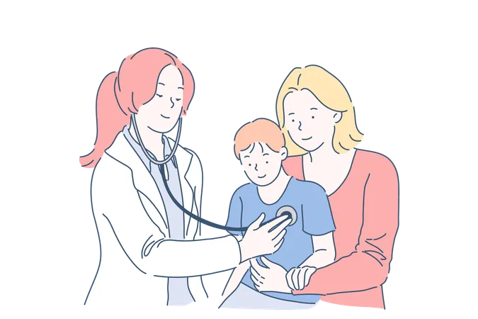 Medical Examination In Hospital Concept Doctor Listening To Child Chest Checking Heartbeat Using Stethoscope Mother And Son Visiting Female Pediatrician Simple Flat Vector Illustration