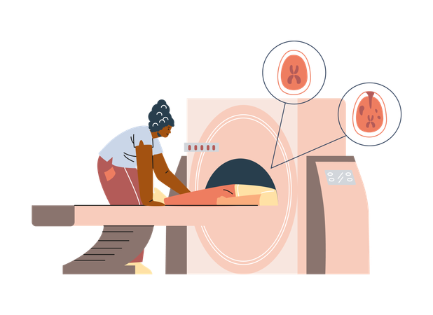 Medical examination of brain patient on magnetic resonance imaging radiology technology  Illustration