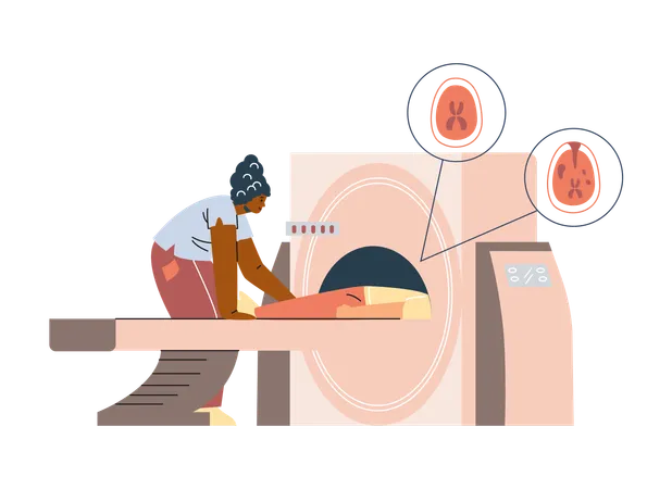 Medical examination of brain patient on magnetic resonance imaging radiology technology  Illustration