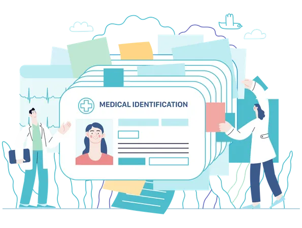 Medical Id Card Health Card Medical Insurance Illustration Modern Flat Vector Concept Digital Illustration Plastic Identification Card As Medical Records File Metaphor Two Doctors Browsing Files イラスト