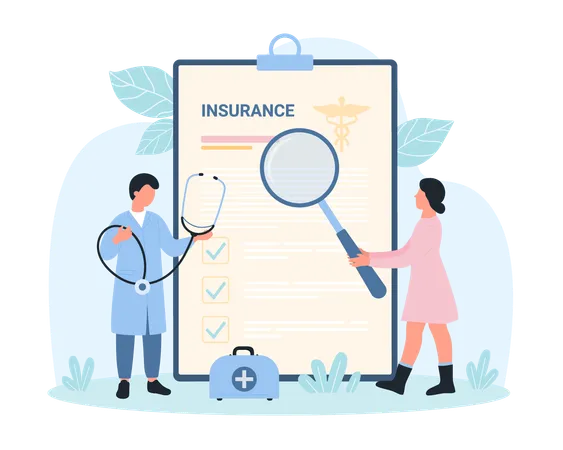 Medical Insurance Document Vector Illustration Cartoon Tiny People With Stethoscope And Magnifying Glass Check Benefit Of Paper Insurance Form On Clipboard Insure Health And Life Of Patient Illustration