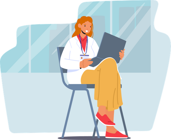 Medical Intern Female In Doctor Uniform with Badge Sitting on Chair with Folder in Hands  Illustration