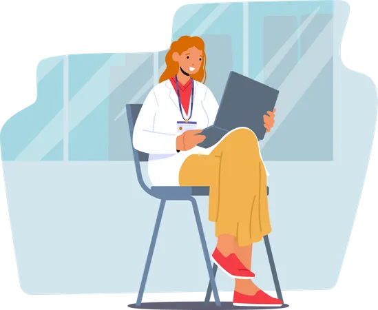 Medical Intern Female In Doctor Uniform with Badge Sitting on Chair with Folder in Hands  Illustration