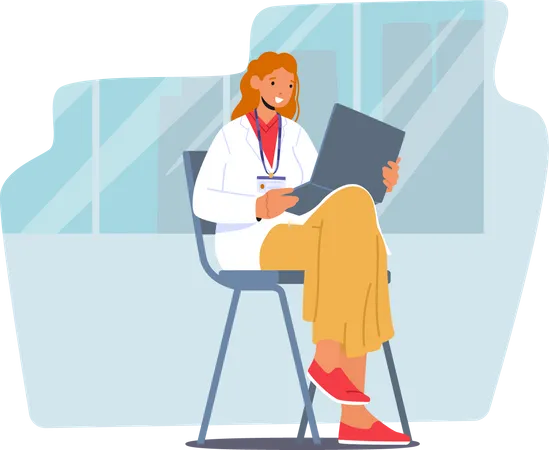 Medical Intern Female In Doctor Uniform with Badge Sitting on Chair with Folder in Hands Illustration