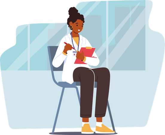 Medical Intern Female Sitting on Chair Writing Notes in Clipboard  Illustration
