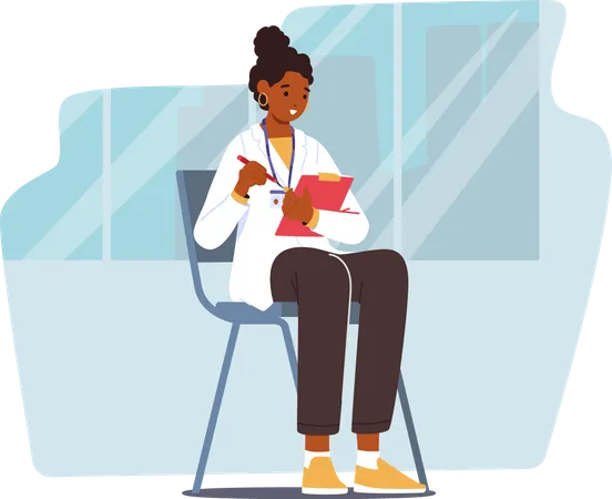 Medical Intern Female Sitting on Chair Writing Notes in Clipboard Illustration