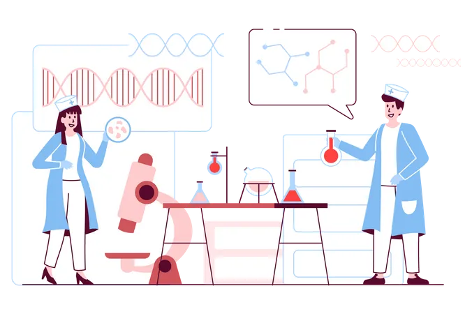 Medical Laboratory Concept In Flat Line Design Employees In Uniform Do Tests And Scientific Research Using Microscope And Other Lab Equipment Vector Illustration With Outline People Scene For Web Illustration