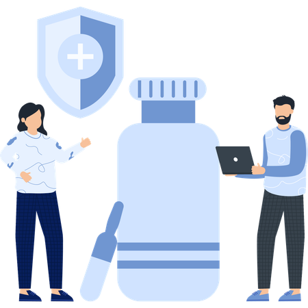 Medical  People with a Shield Bottle and Laptop Healthcare and Insurance  Illustration
