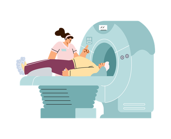 Medical personnel performing magnetic resonance examination.  Illustration