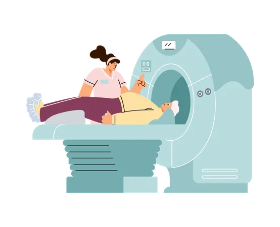Medical personnel performing magnetic resonance examination.  Illustration