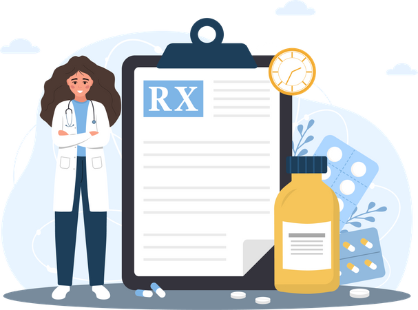 Medical prescription drugs concept, Female doctor in uniform standing near large recipe on clipboard, Diseases therapy pills, Pharmacy control, Vector illustration in flat cartoon style  Illustration