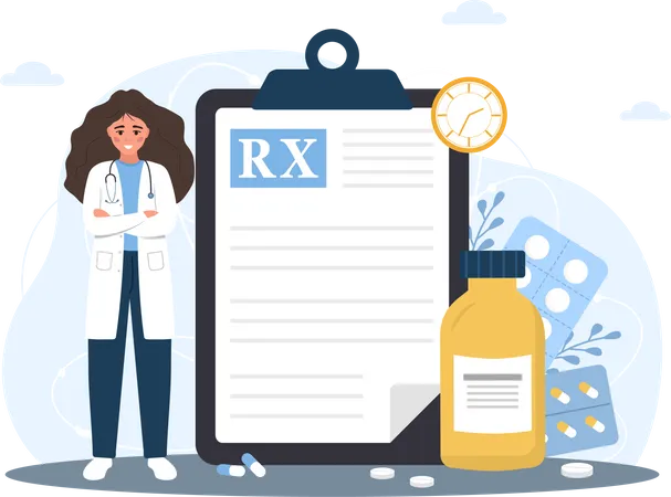 Medical prescription drugs concept, Female doctor in uniform standing near large recipe on clipboard, Diseases therapy pills, Pharmacy control, Vector illustration in flat cartoon style  Illustration