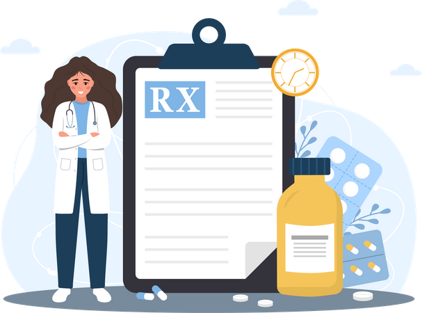 Medical prescription drugs concept, Female doctor in uniform standing near large recipe on clipboard, Diseases therapy pills, Pharmacy control, Vector illustration in flat cartoon style Illustration