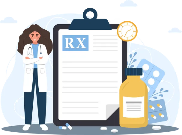 Medical prescription drugs concept, Female doctor in uniform standing near large recipe on clipboard, Diseases therapy pills, Pharmacy control, Vector illustration in flat cartoon style Illustration