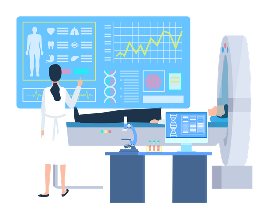 Medical Professional checking medical parameters during patient MRI scan  Illustration