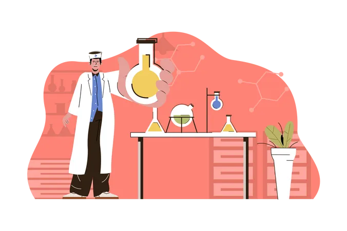 Medical Research Concept Laboratory Assistant Conducts Tests In Flasks In Lab Situation Drug Development People Scene Vector Illustration With Flat Character Design For Website And Mobile Site Illustration