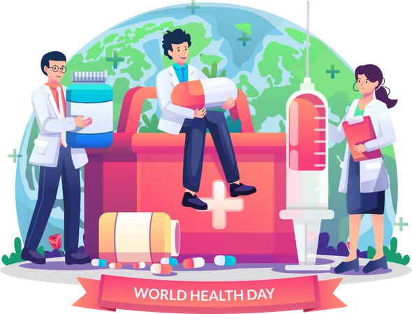 World Health Day Illustration Concept With Group Of Doctors Bring Health Medicine And Pills Flat Style Vector Illustration Illustration