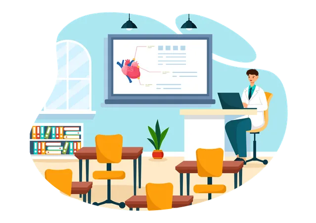 Medical School Vector Illustration With Students Listening To A Lecture And Learning Science In A Classroom In A Flat Cartoon Style Background Illustration
