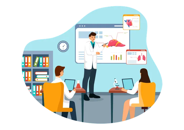Medical School Vector Illustration With Students Listening To A Lecture And Learning Science In A Classroom In A Flat Cartoon Style Background Illustration