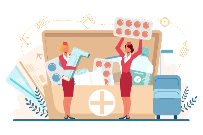 Stewardess Health Care Service Beautiful Female Flight Attendants Help Passenger In Airplane Travel By Aircraft Idea Of Professional Occupation And Tourism Isolated Flat Vector Illustration Illustration