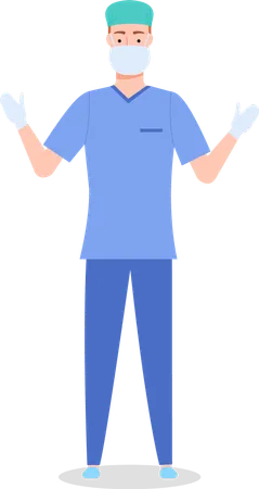 Standing And Holding Hands Up Surgeon In Medical Clothes Cap Face Surgical Mask And Latex Protective Gloves Medical Specialist In Uniform Preparation For Surgery Flat Image Isolated On White Illustration