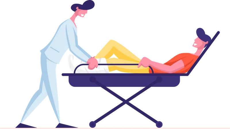 Medical Staff Pushing Wheeled Bed with Man Patient with Broken Leg  Illustration
