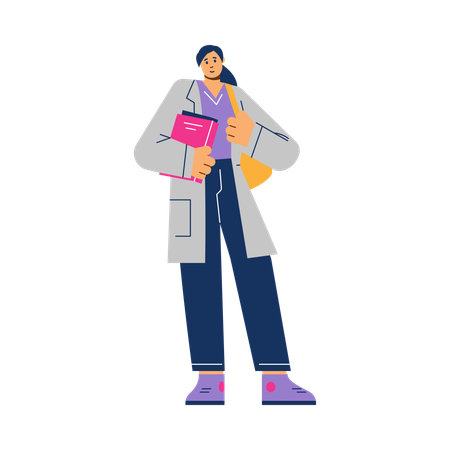 Medical student in medical gown and with textbook bag  Illustration