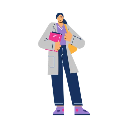 Medical student in medical gown and with textbook bag  Illustration