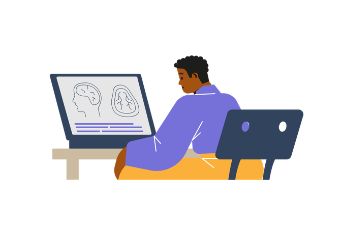 Medical student studying medicine sitting at laptop  Illustration