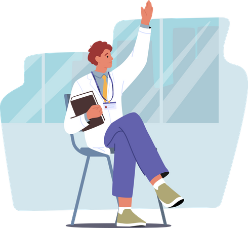 Medical Student with Badge and Book in Hand Asking Question on Seminar Illustration