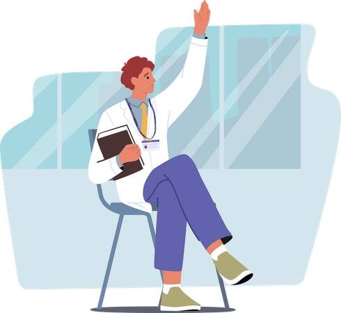 Medical Student with Badge and Book in Hand Asking Question on Seminar  Illustration